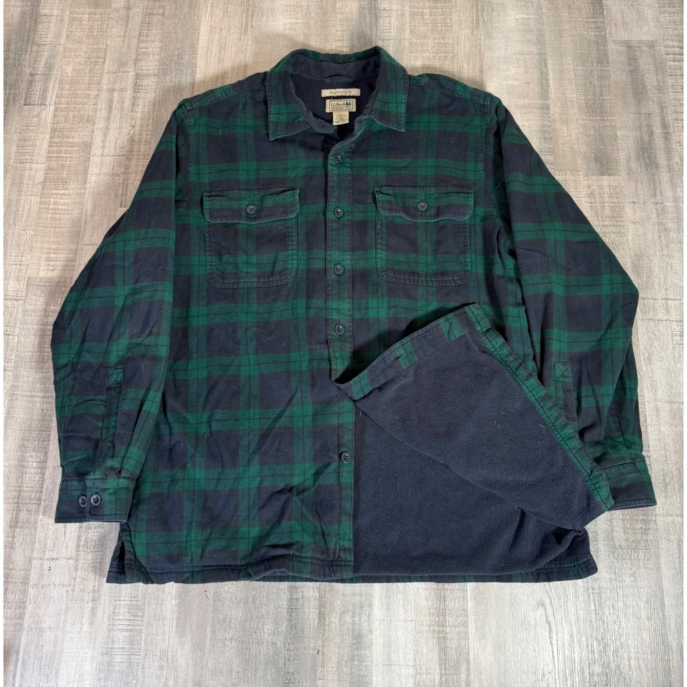 LL Bean Fleece Lined Flannel Shirt Mens Large Green Blue Tartan Plaid Outdoor
